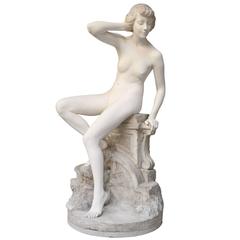 "Nude Woman Sitting on a Balustrade", Plaster Statue by Frederic Brou, 20th C.