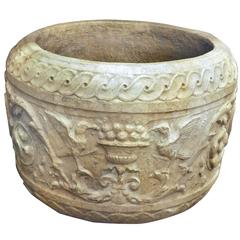 19th Century European Figural Hand-Carved Stone Planter Pot with Birds & Shield