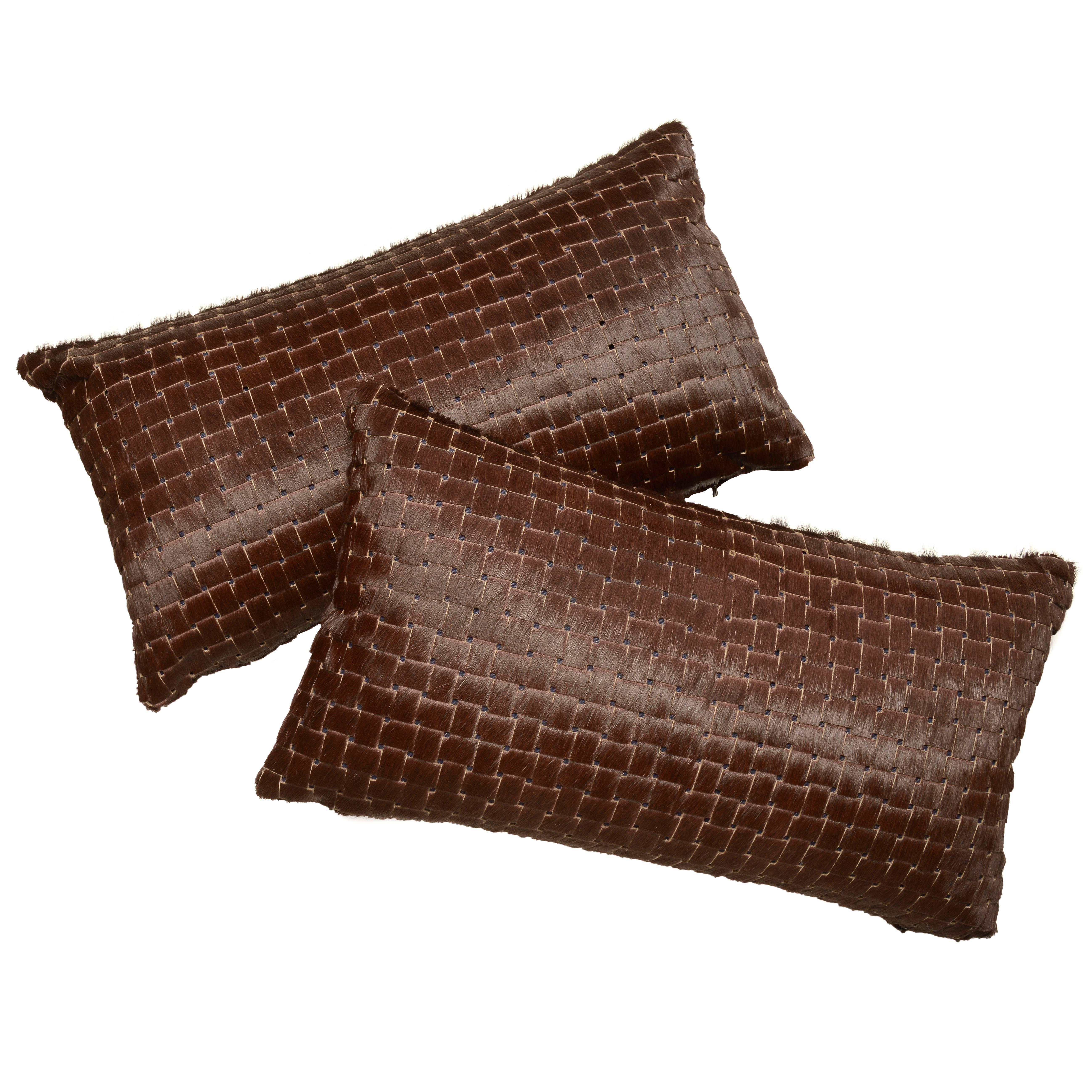 Chocolate Brown Laser Cut Cowhide Hair Lumbar Pillow For Sale