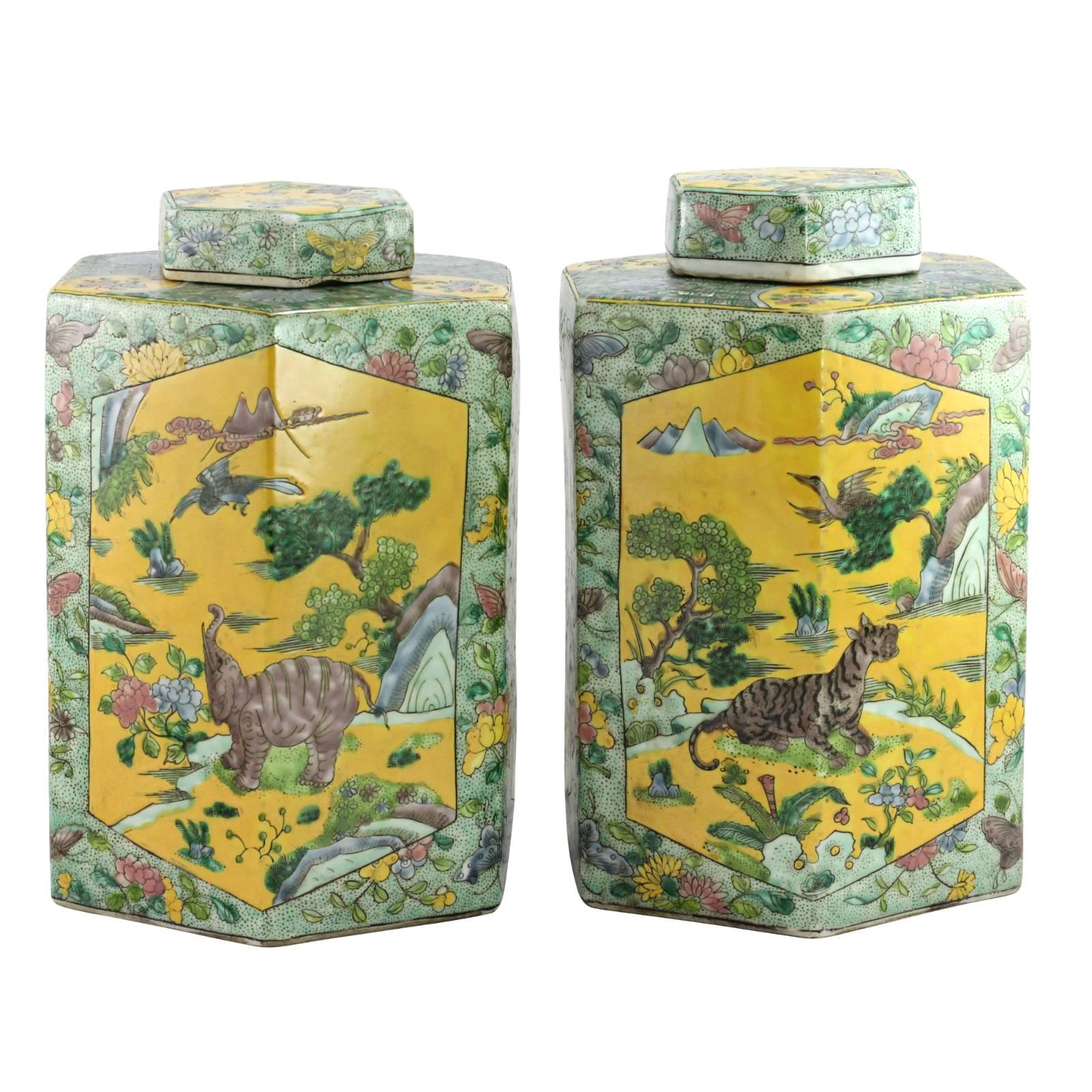 Pair of 20th Century Chinese Kangxi Style Hexagonal Shaped Lidded Jars For Sale