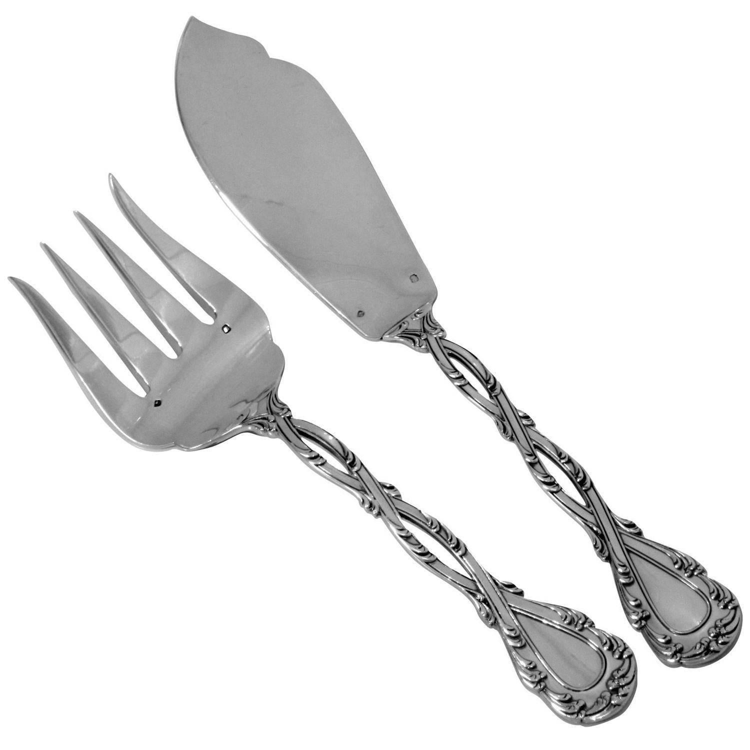 Odiot Tetard French All Sterling Silver Fish Servers Two-Piece Trianon Pattern For Sale