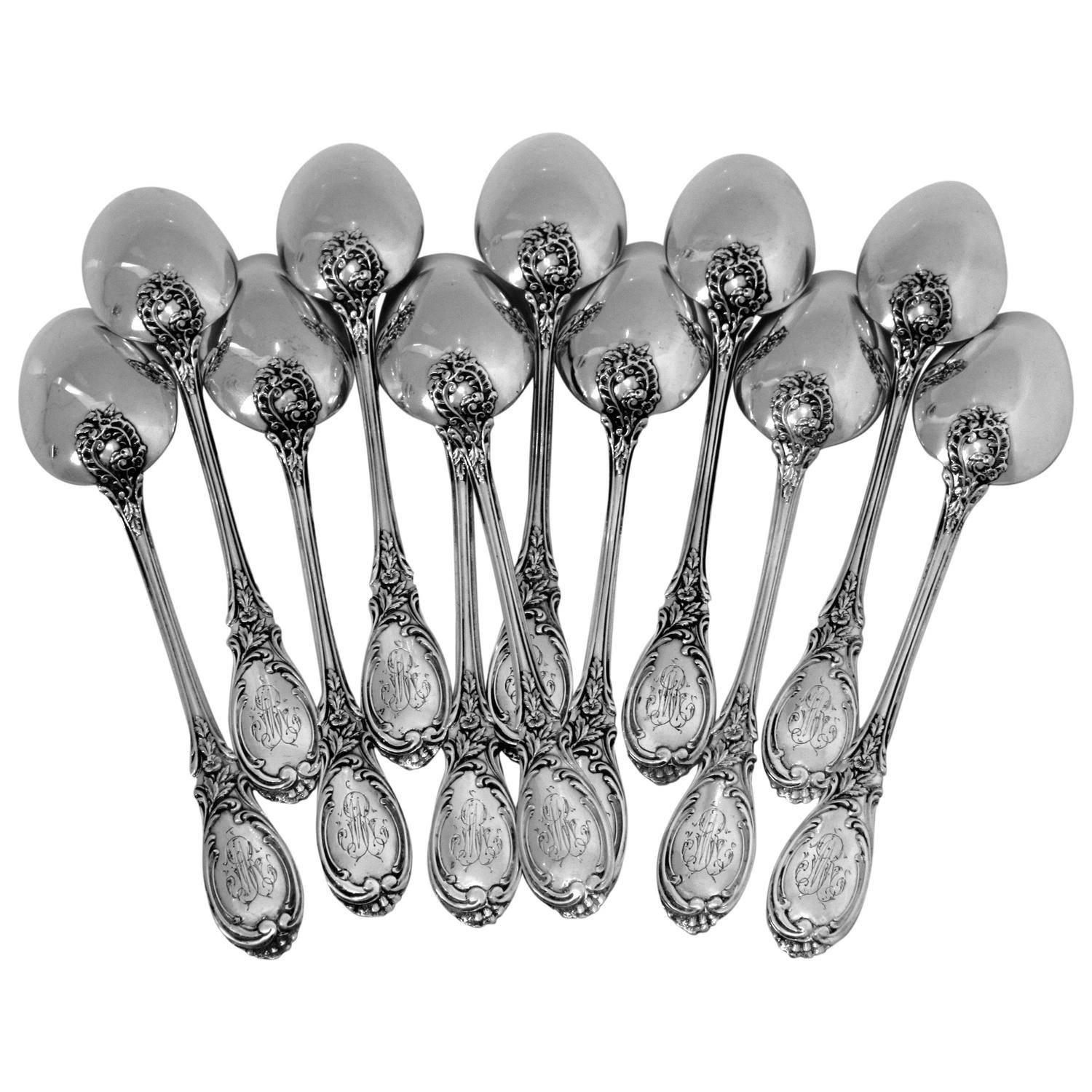 Puiforcat French Sterling Silver Tea/Coffee/Dessert Spoons Set 12 pc Roses Box
