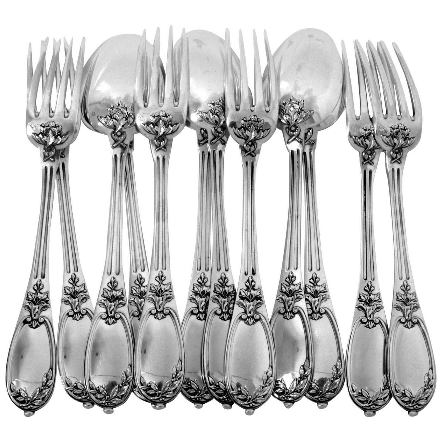 Henin Gorgeous French Sterling Silver Dinner Flatware Set of 12 Pc Neoclassical For Sale
