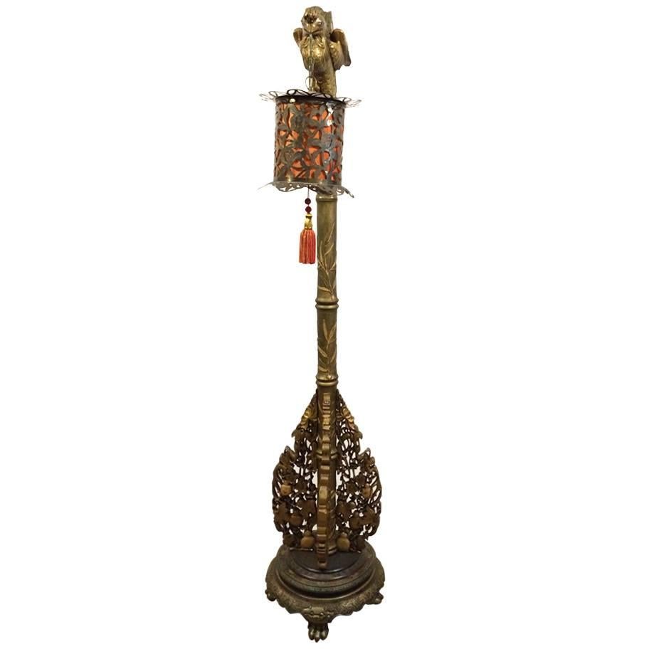 Chinese Carved Gold Gilded Phoenix Floor Lamp For Sale