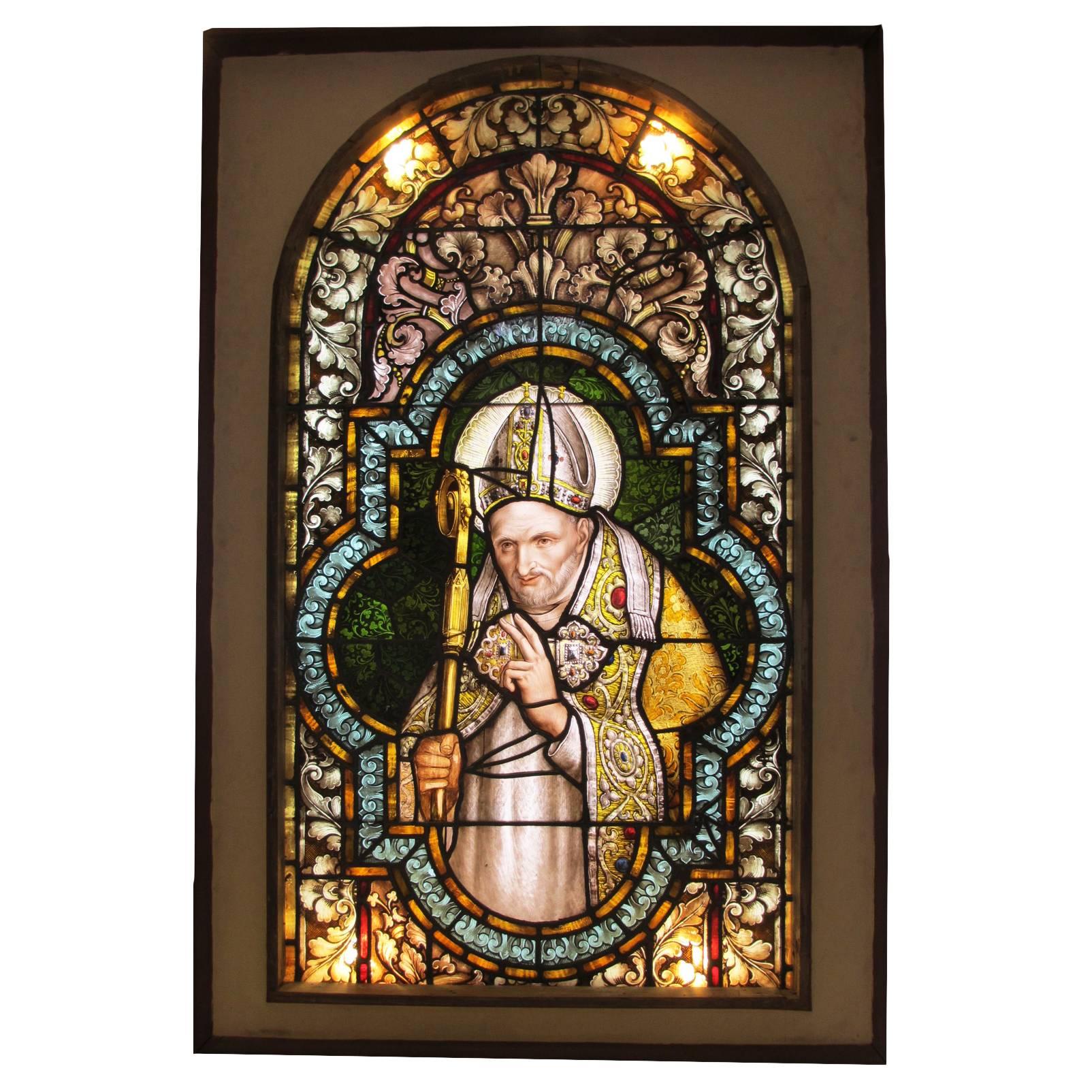 Rare Italian 19th-20th Century Framed Stained Glass Panel Depicting a Pope