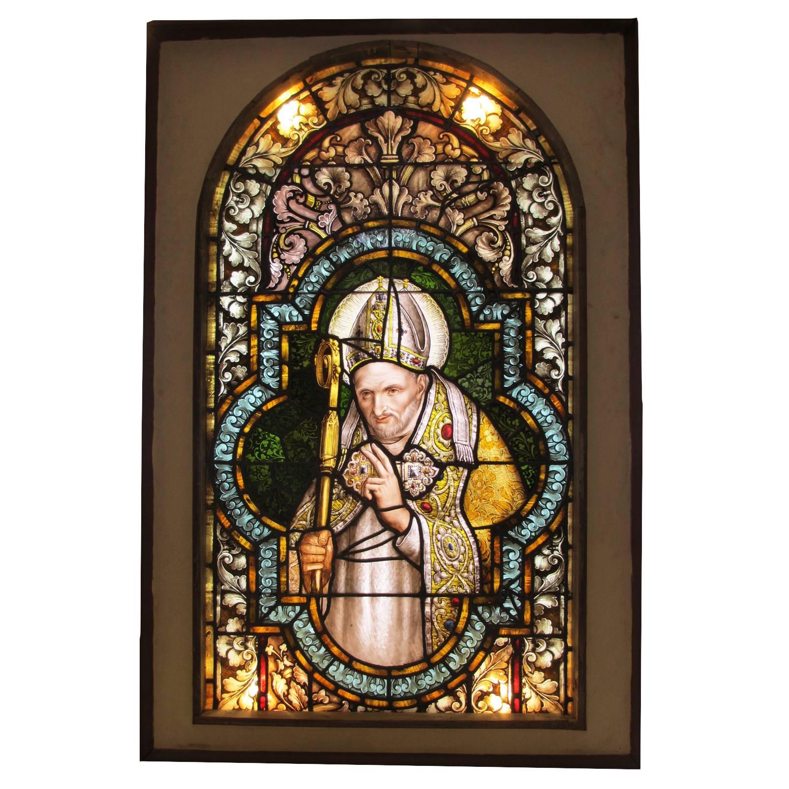 Rare Italian 19th-20th Century Framed Stained Glass Panel Depicting a Pope For Sale