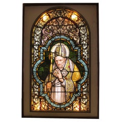 Rare Italian 19th-20th Century Framed Stained Glass Panel Depicting a Pope