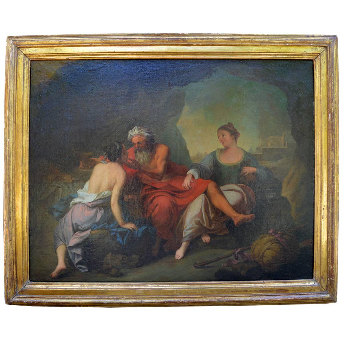 Antique Oil Painting on Canvas with Gilt Frame For Sale