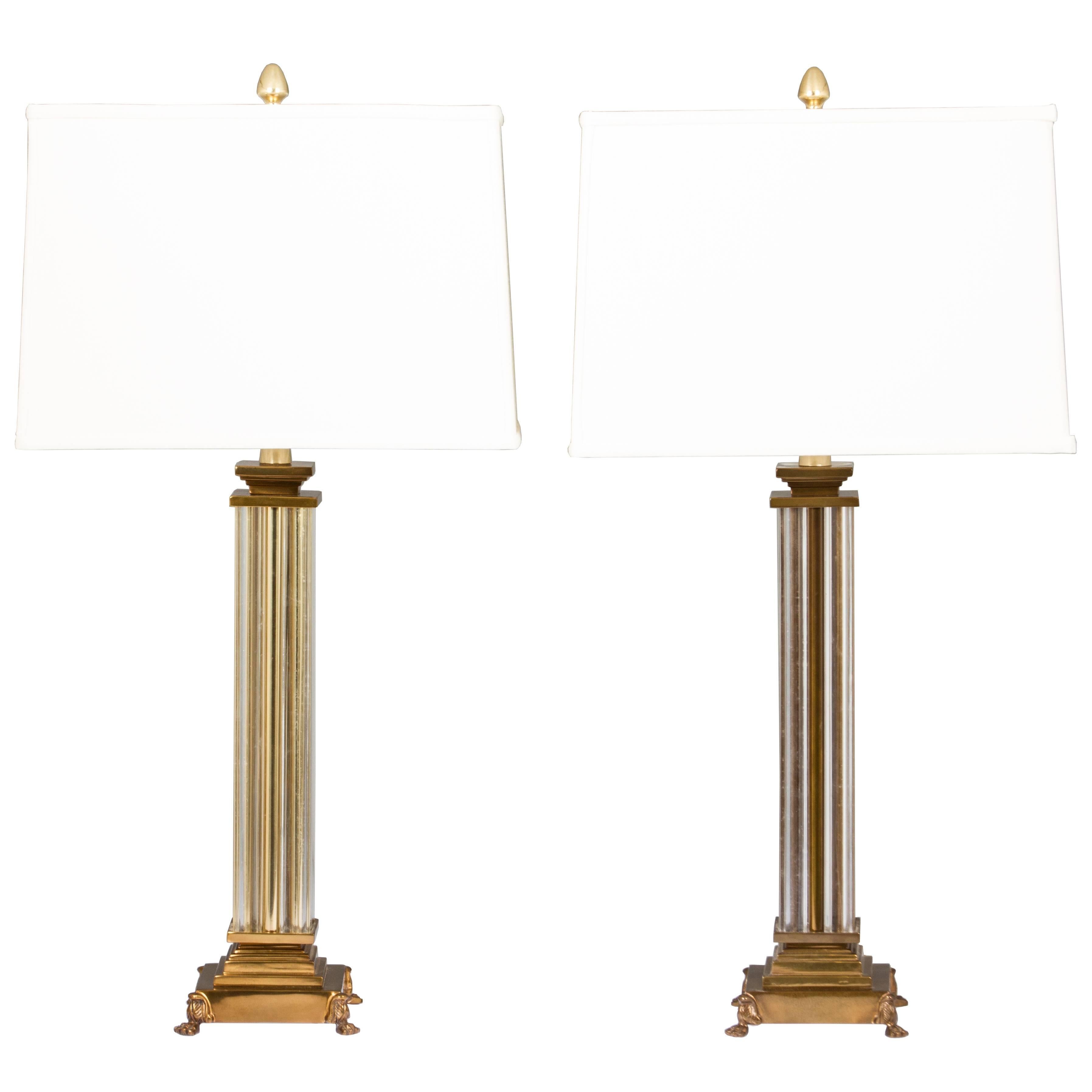 Mid Century Pair of Brass and Crystal Marbro Lamps
