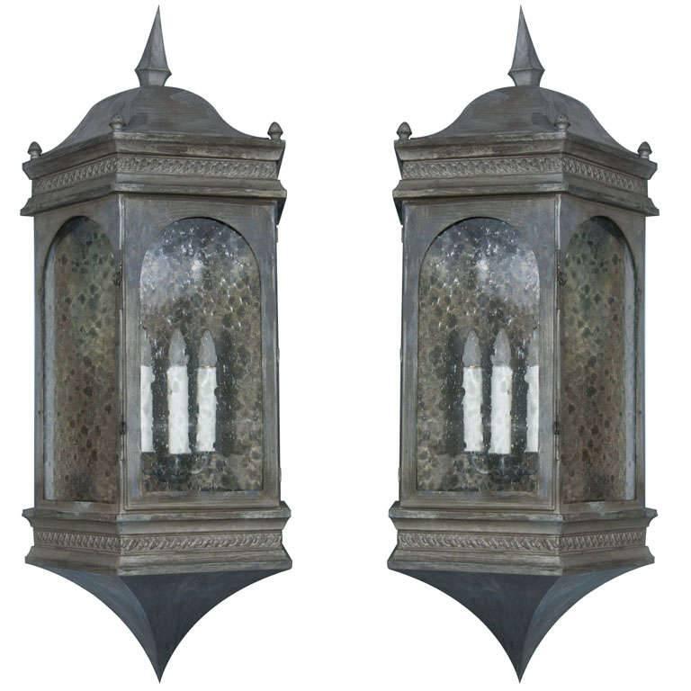 Pair of Enormous Pewter Finished Copper Estate Wall Lanterns