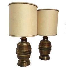 Pair of Copper and Brass Finish Floral Repousse Lamps