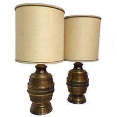 Pair of Copper and Brass Finish Floral Repousse Lamps 12