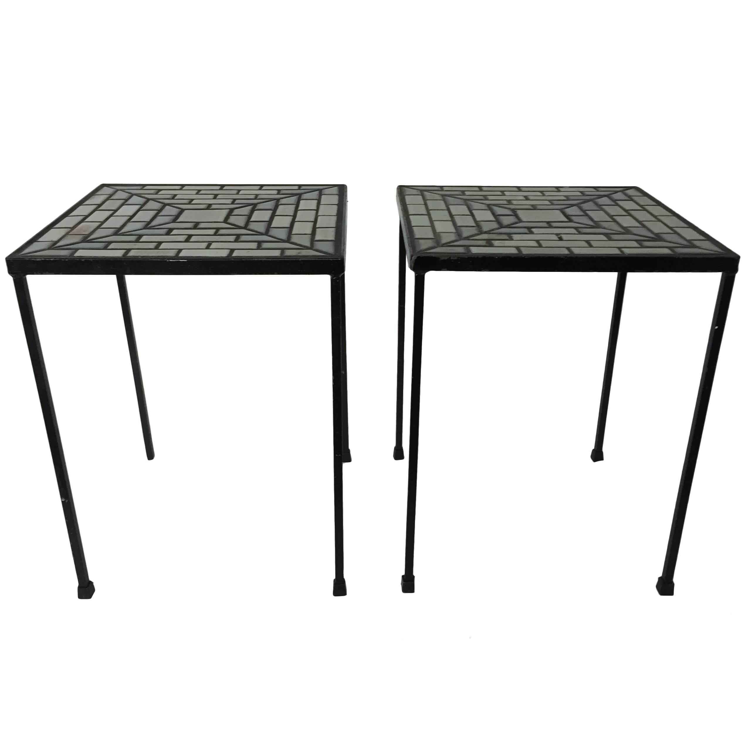 Pair of Iron and Tile Top End Tables in the Style of Martz