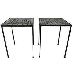 Pair of Iron and Tile Top End Tables in the Style of Martz