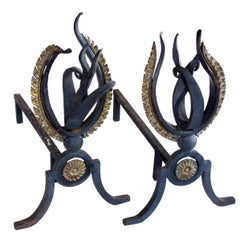 Vintage Lively Pair of French 1940s Hand-Wrought Iron Andirons of a Stylized Flame