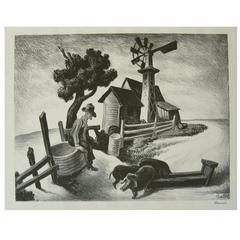 Vintage Thomas Hart Benton Original Stone Lithograph, 1938, Homestead in the Ozarks