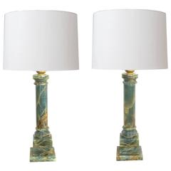 Good Pair of Italian Turquoise Alabaster Columnar Lamps with Raw Umber Veining