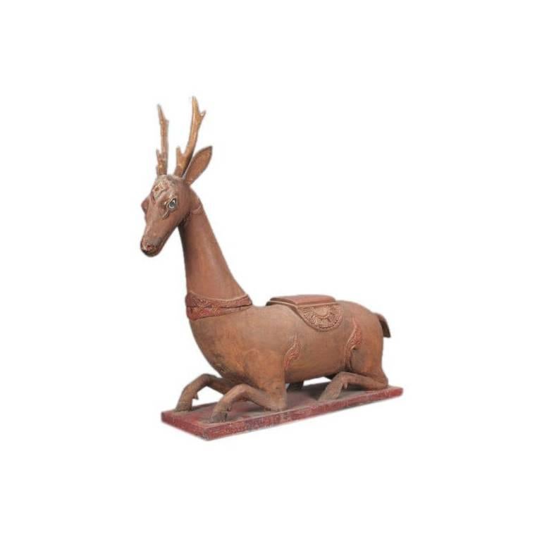 Thai Carved and Painted Wood Sculpture of a Stag For Sale