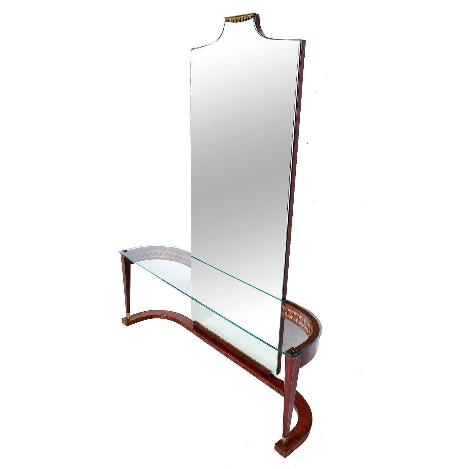  Italian Crowned Curved Console Table Full Mirror Style of Gio Ponti ITALY 1950s