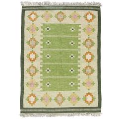 Green and Cream Swedish Rölakan Rug with Multicolored Border 6