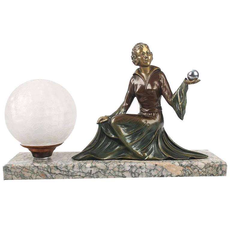 French Art Deco Woman Sculpture Figurine Table Lamp Light Marble French Art Deco Woman Sculpture Figurine Table Lamp Light Marble Modernist 30s For