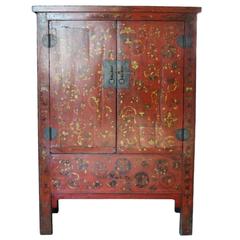Antique Chinese Chinoiserie Red Lacquer Cabinet or Armoire