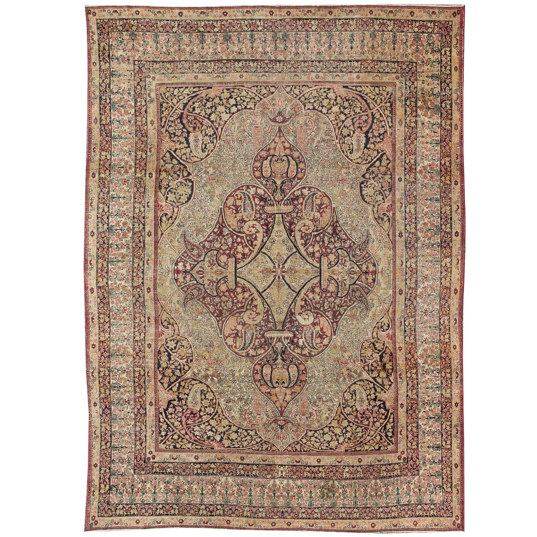 Antique 19th Century Persian Lavar Kerman Rug With Floral Medallion With Pink For Sale