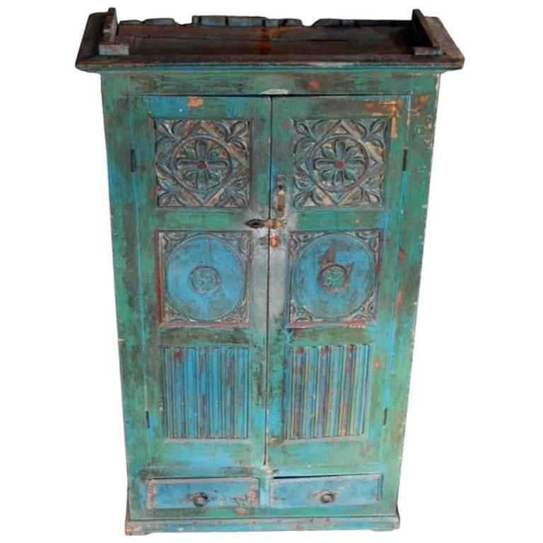 Vintage Goan Indian Painted Cabinet With Traditional Hand Carved Fl Motifs At 1stdibs Vintage Goan Indian Painted Cabinet, Hand Painted Cabinet Indian