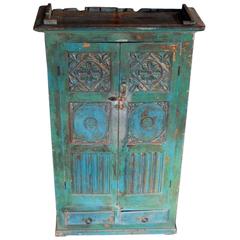 Antique Goan Indian Painted Cabinet with Traditional Hand-Carved Floral Motifs