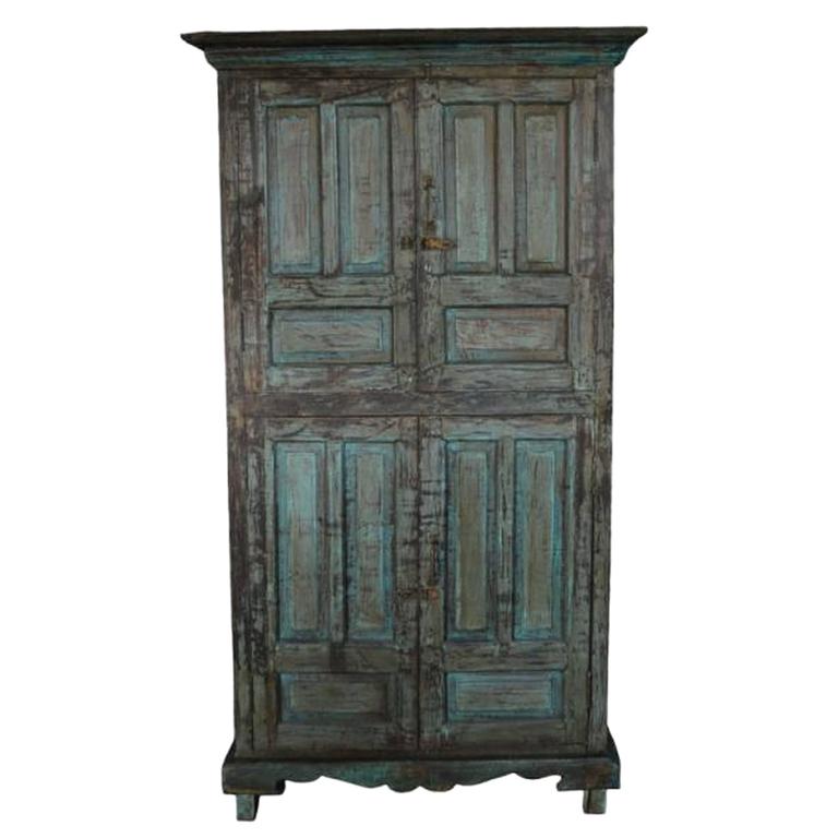 Vintage Goan Indian Hand Painted Cabinet With Four Doors And Vintage Goan Indian Hand Painted Cabinet With Four Doors And Substantial Storage For