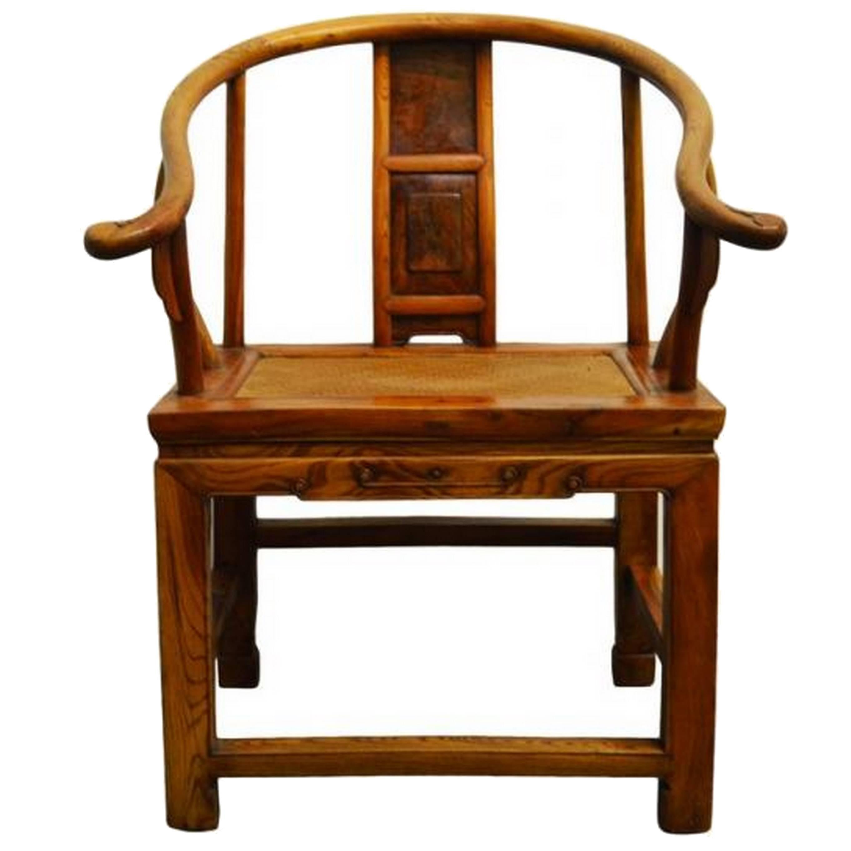 19th Century Chinese Light Brown Lacquered Horseshoe Back Chair with Rattan Seat
