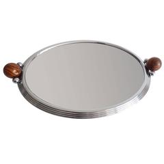 French Art Deco Machine Age Mirror Cocktail Tray with Chrome and Wood Accents 1
