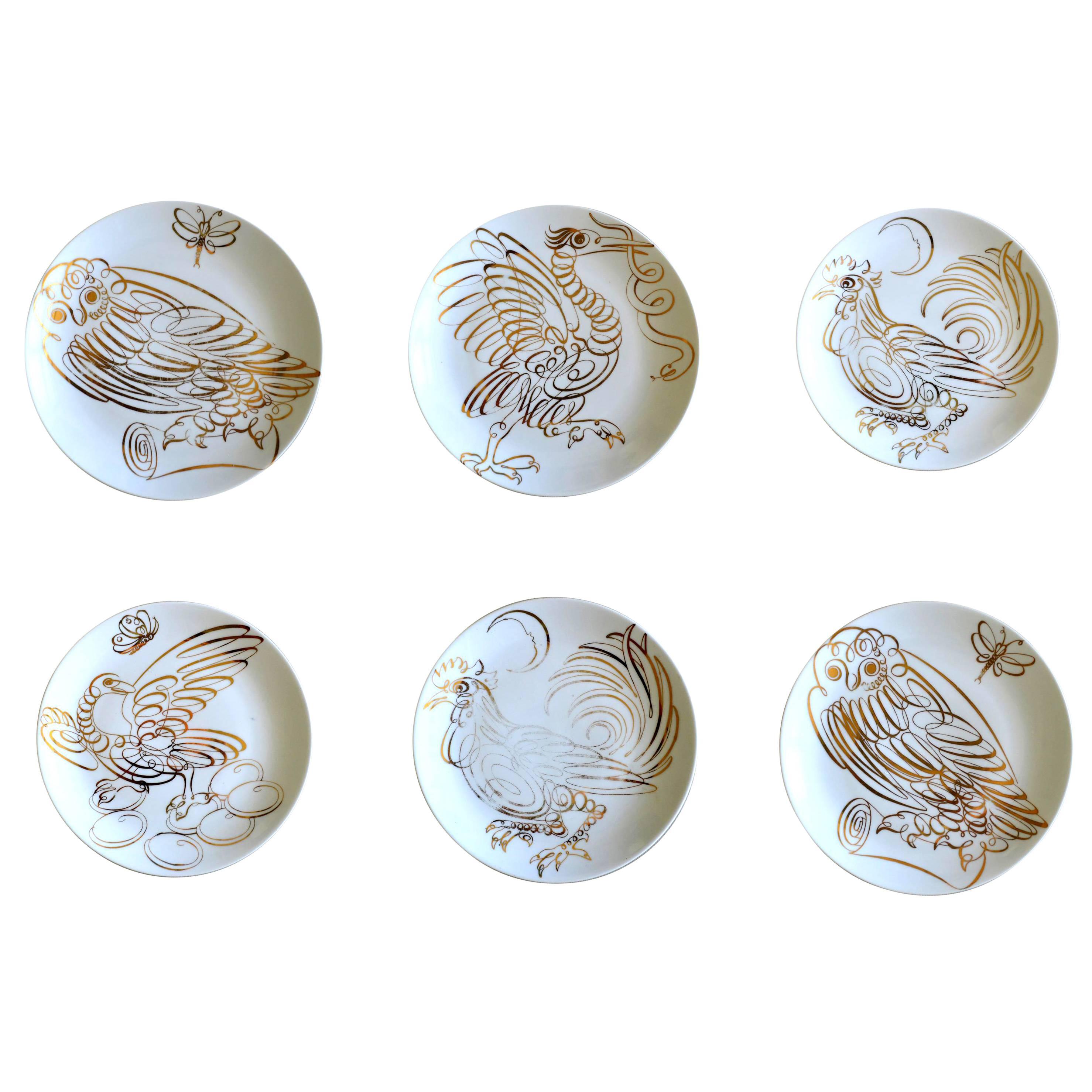  Piero Fornasetti Set of Six Porcelain Uccelli Calligrafici Bird Plates, 1962