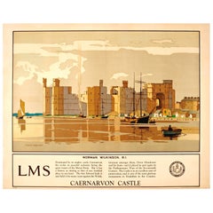 Affiche originale du chemin de fer LMS de 1929 réalisée par Norman Wilkinson:: château de Caernarvon:: Pays de Galles
