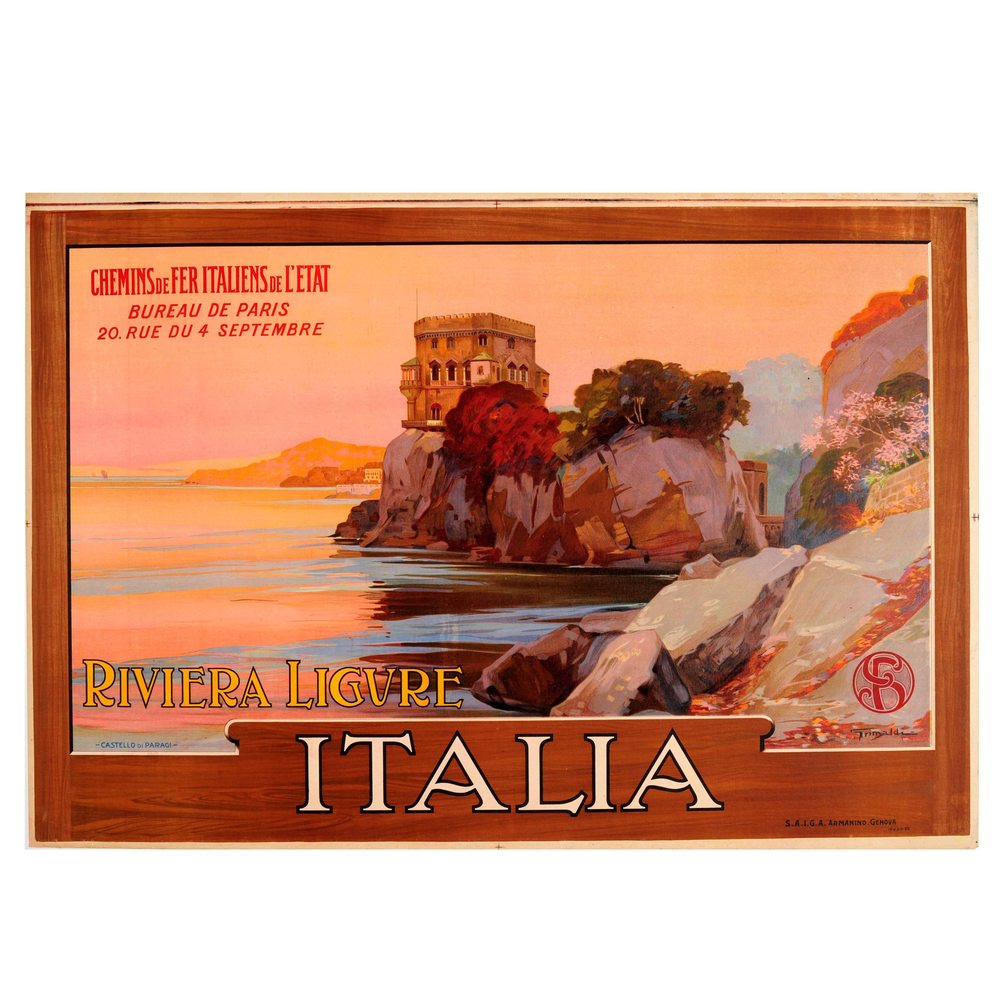 Affiche ferroviaire originale et ancienne de 1913 Castello Di Paraggi Italian Riviera Ligure