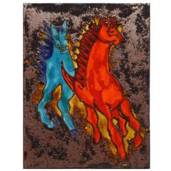 Wild Stallions Large Hand-Painted Tile by Ruscha, Germany
