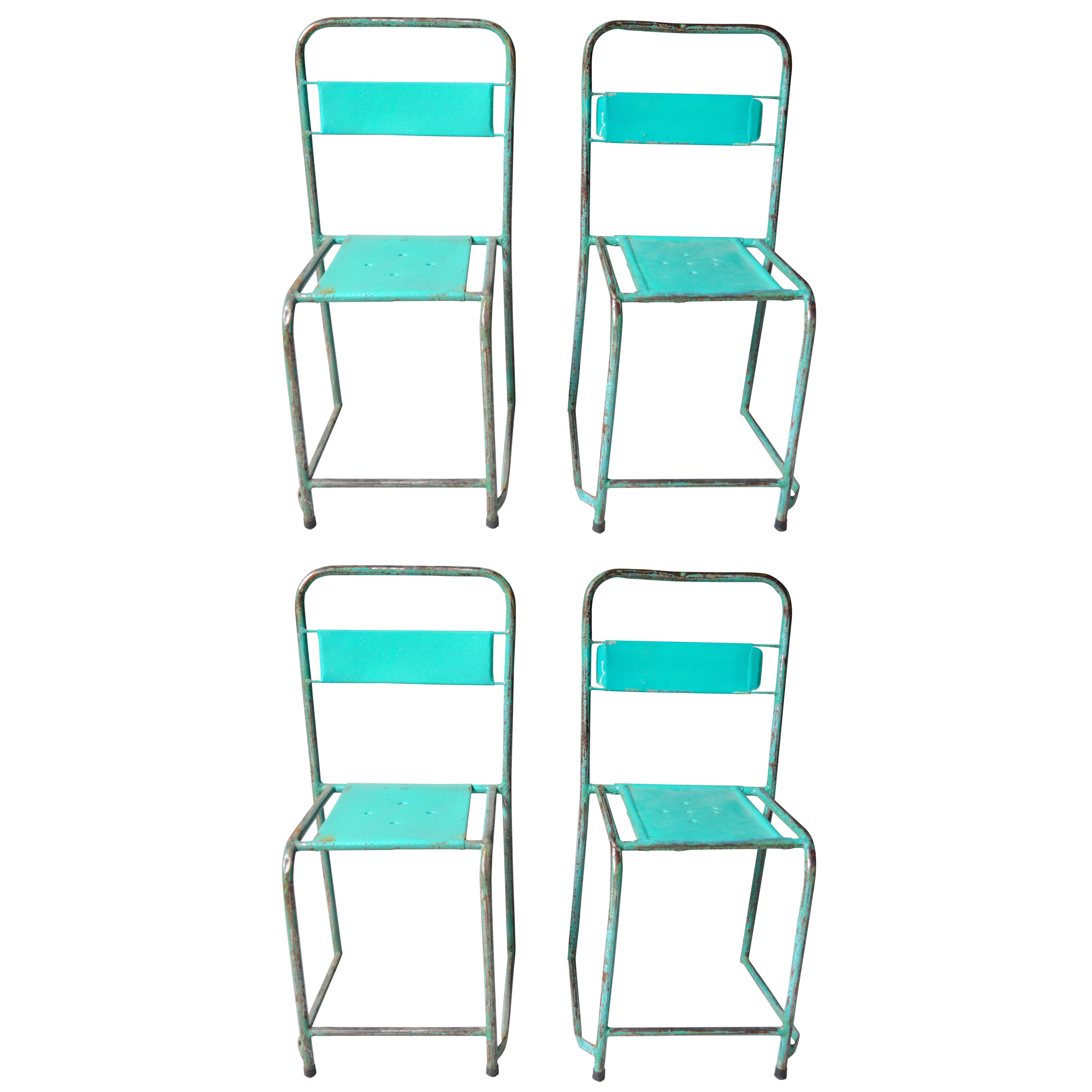 Set of Four Turquoise French School Chairs