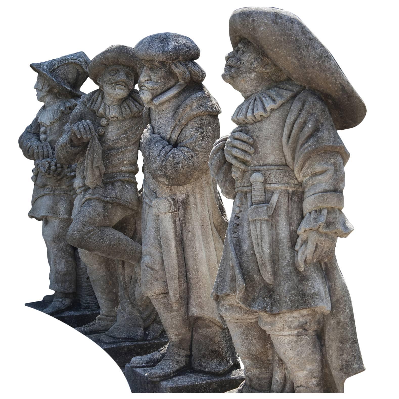A set of four rare Harlequin statues in hand carved limestone with original pedestals. These kind of characters were comic servants and first appeared in the early 17th century in England. Wear consistent with age and use. Province Veneto, Northern