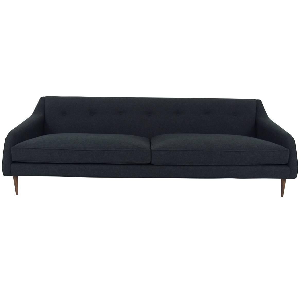 Mid-Century Style Palermo Sofa in Black Linen w/ Tufted Back & Coned Walnut Legs For Sale