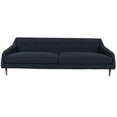Mid-Century Style Palermo Sofa in Black Linen w/ Tufted Back & Coned Walnut Legs
