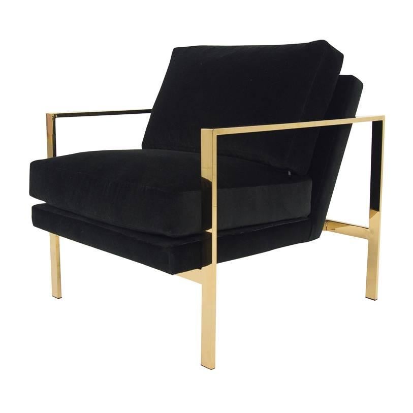 Mid-Century Modern Style Armchair in Black Velvet w/ Brass Finished Frame For Sale