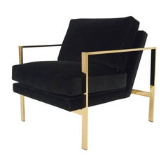 Mid-Century Modern Style Armchair in Black Velvet w/ Brass Finished Frame