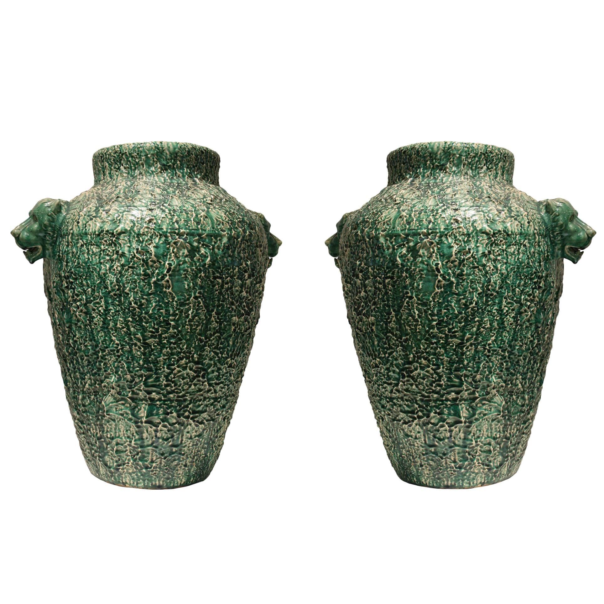 Pair of American Art Deco Oversized Green Ceramic Urns