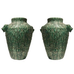 Pair of American Art Deco Oversized Green Ceramic Urns