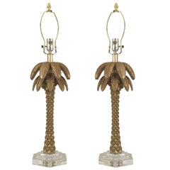 Pair of 1960s Hollywood Regency Silver Composite Palm Tree Lamps