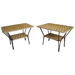 Mid-Century French Woven Rope and Wrought Iron Bed or Side Tables with Shelf