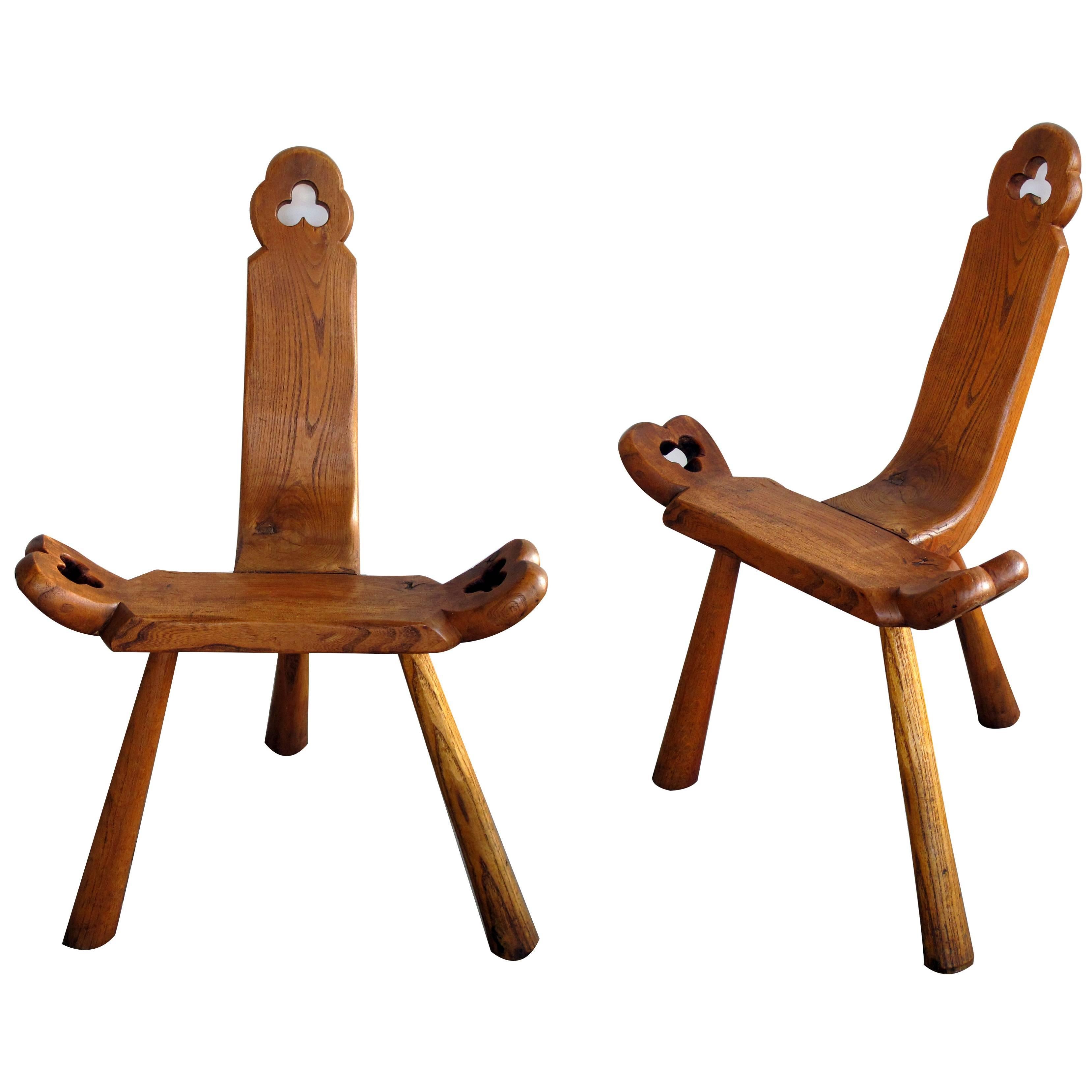 Delightful and Rustic Pair of Swiss Tyrolean Waxed Oak Mountain Stools