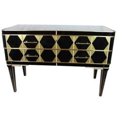 Chest of Drawers, in Black, Gold and White Tinted Glass, Whit Copper Details