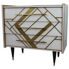 Chest of Drawers in White and Gold Tinted Glass with Copper Details