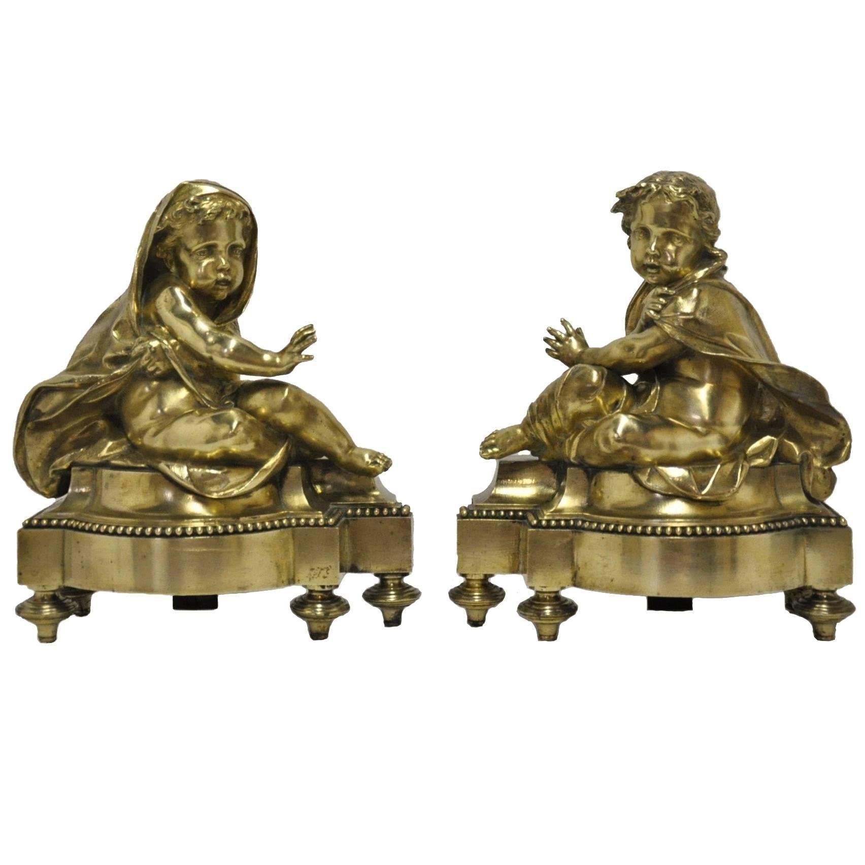 Pair of 18th Century French Louis XVI Bronze Chenets